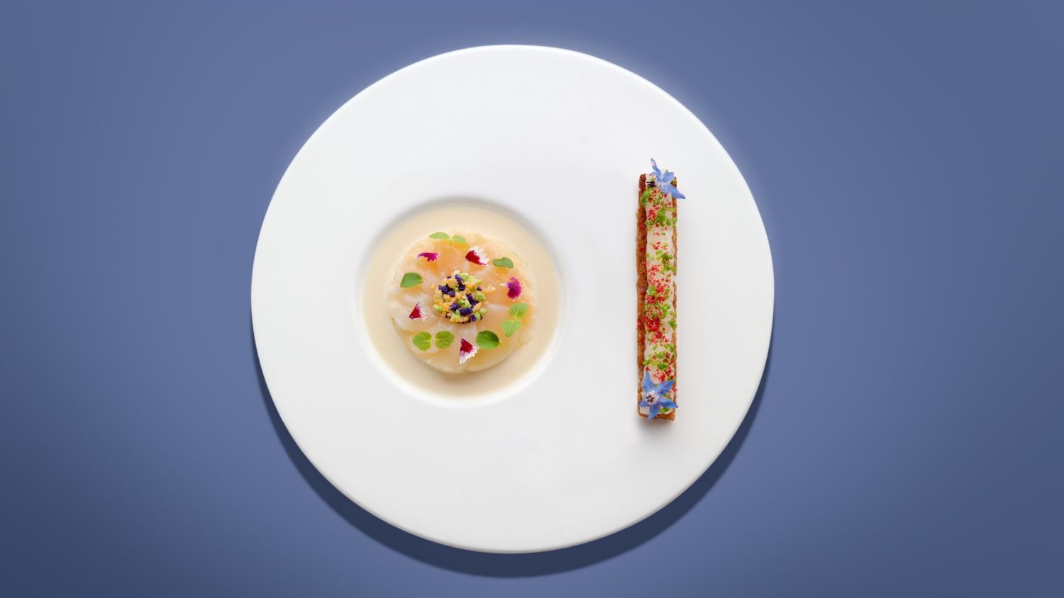 Carpaccio de daurade à la fleur de sel de Guérande,
blanc-manger de langoustines aux grains de Zwyer caviar et samoussas